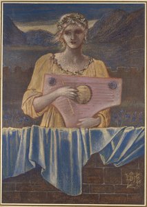 楽器を持つ女性の研究、1895年（金の絵の具と水彩で色付けされたチョーク） 作： Edward Burne Jones